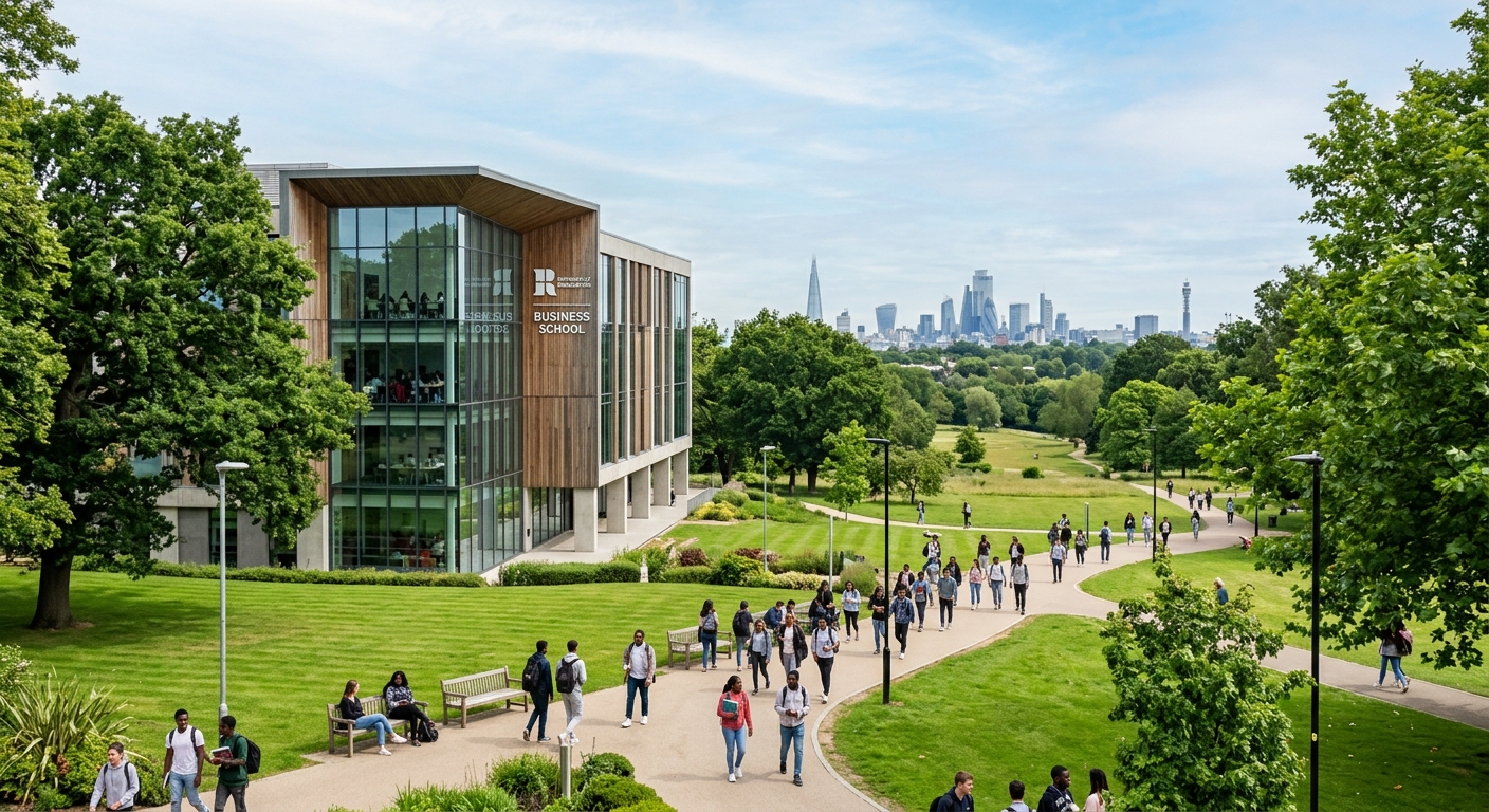 University of Roehampton parkland campus in southwest London, modern business school building with glass facade, green lawns and mature trees, students walking along pathways, London skyline visible in the background