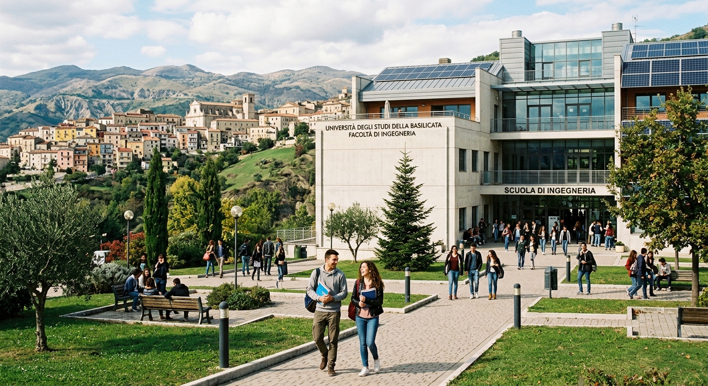 University of Basilicata School of Engineering campus in Potenza, Italy, modern engineering building with students walking through green courtyard, southern Italian hillside town in background