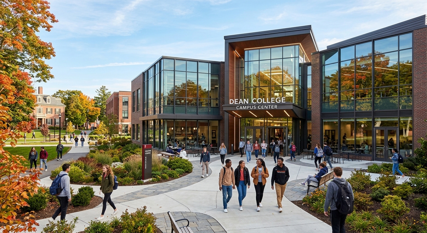 Dean College campus center exterior, contemporary building design with glass entrance, students walking along pathways, landscaped grounds