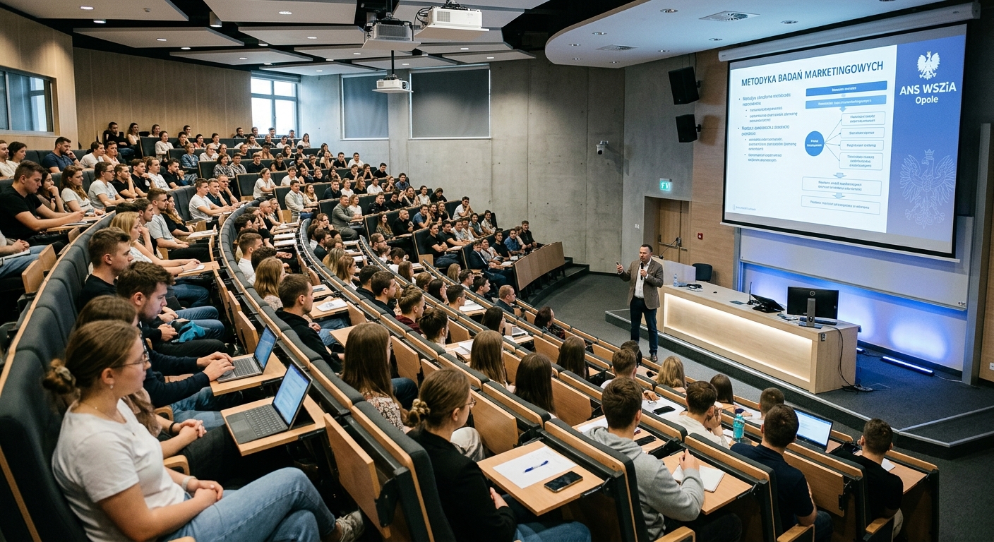 Modern lecture hall inside ANS WSZiA Opole with tiered seating, audiovisual equipment, and large projection screen, students seated during a lecture