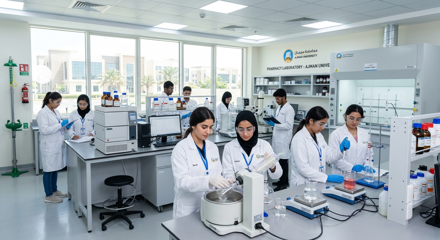 Modern pharmacy laboratory at Ajman University with students in white lab coats conducting pharmaceutical experiments, advanced laboratory equipment, bright clinical lighting, UAE campus setting