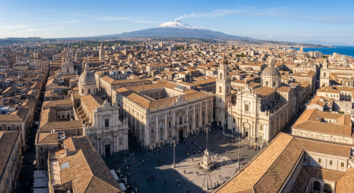 Aerial view of University of Catania historic campus in Piazza Università, Baroque architecture buildings, Mount Etna visible in the background, Mediterranean sunlight, Sicilian cityscape with terracotta rooftops