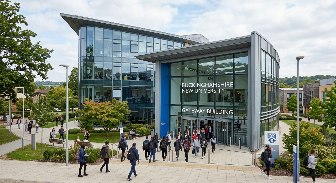 BNU High Wycombe main campus, modern Gateway Building with large glass windows, students entering through main entrance, contemporary architecture, landscaped grounds