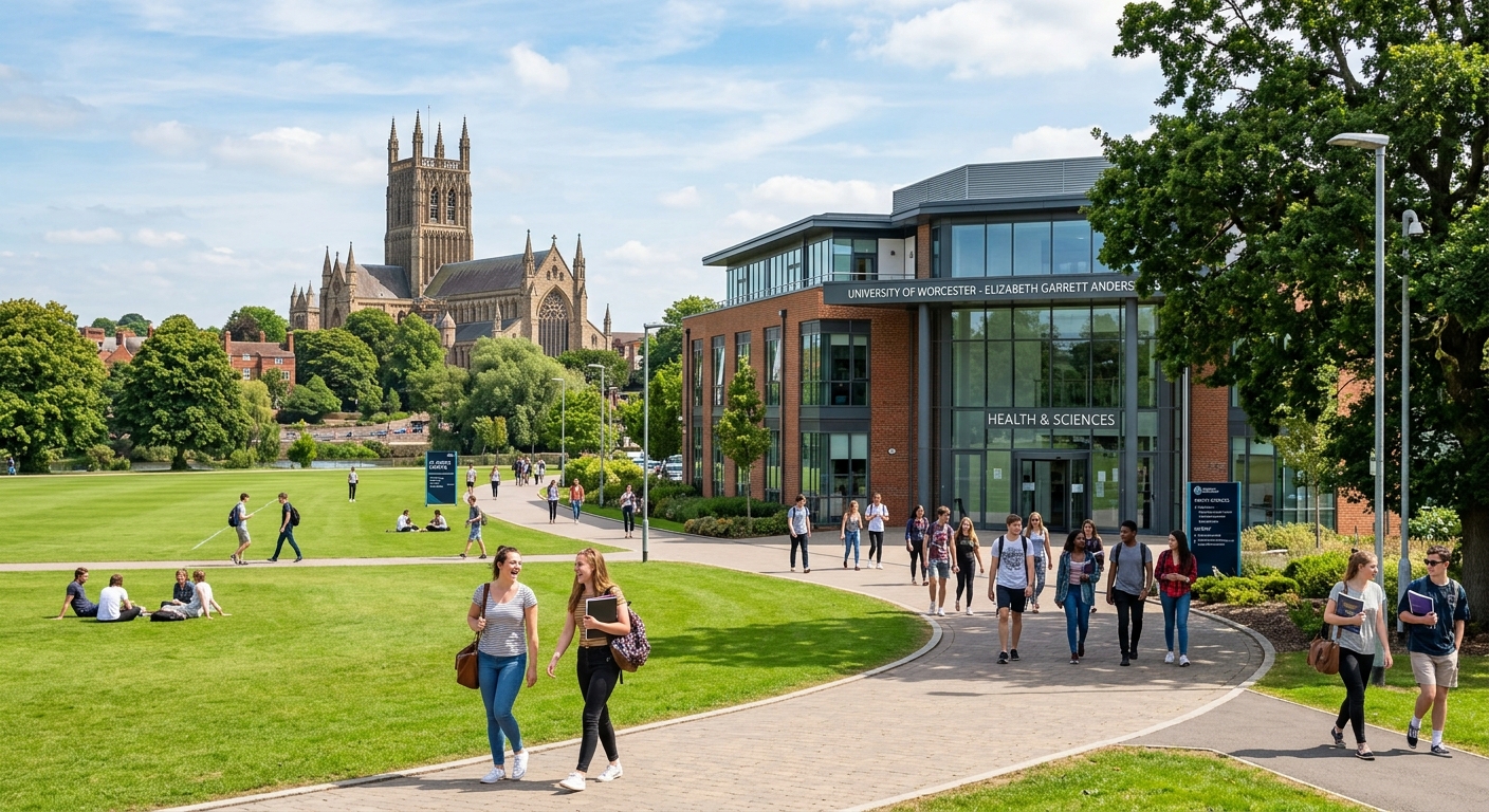 University of Worcester campus with modern health sciences building, green lawns, and the historic Worcester Cathedral visible in the background, students walking along pathways on a sunny day