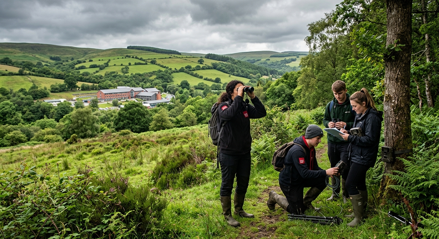 Lush green Welsh countryside with rolling hills and native woodland, students conducting wildlife fieldwork with binoculars and camera traps, University of South Wales Glyntaff campus visible in background, overcast sky typical of South Wales