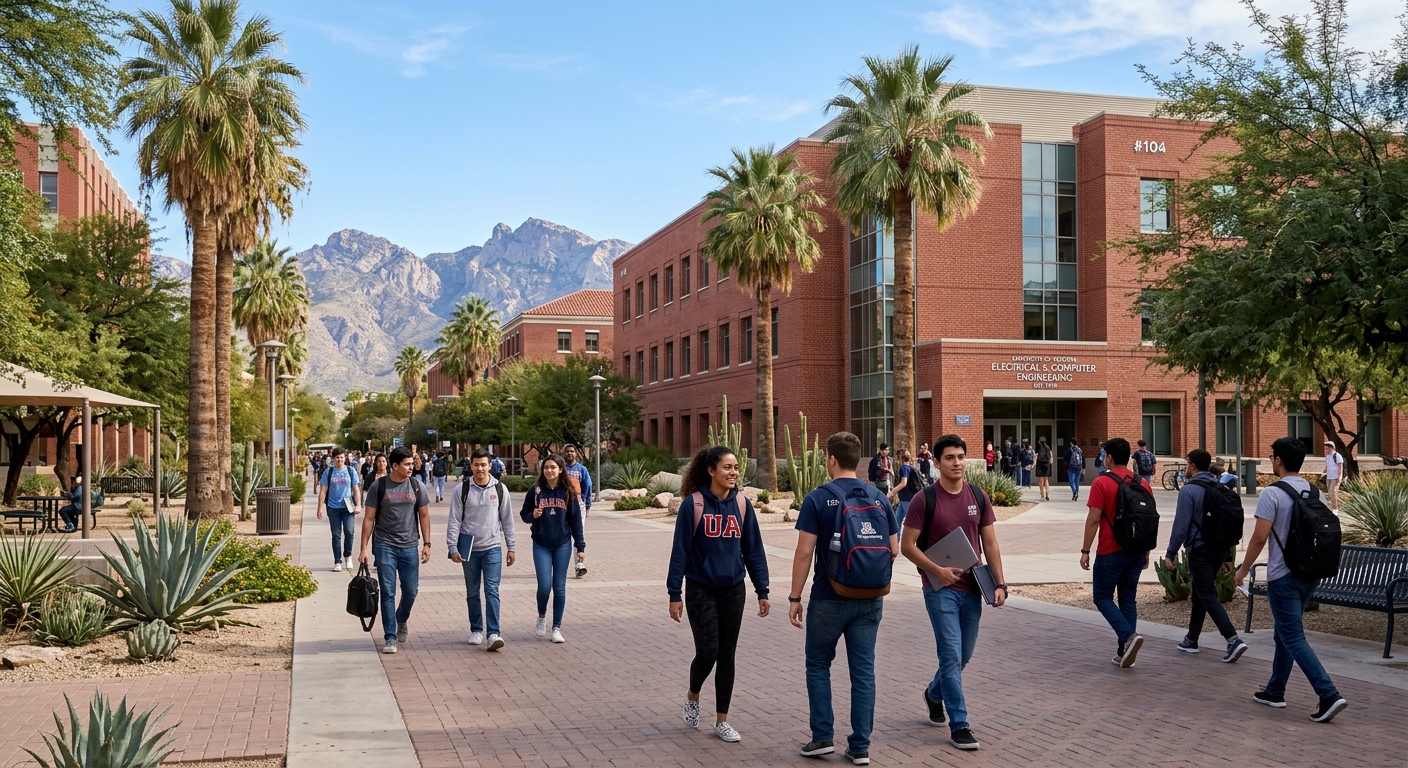 University of Arizona campus in Tucson with red brick buildings, palm trees, and clear blue sky, engineering students walking near the ECE department building with desert mountain backdrop