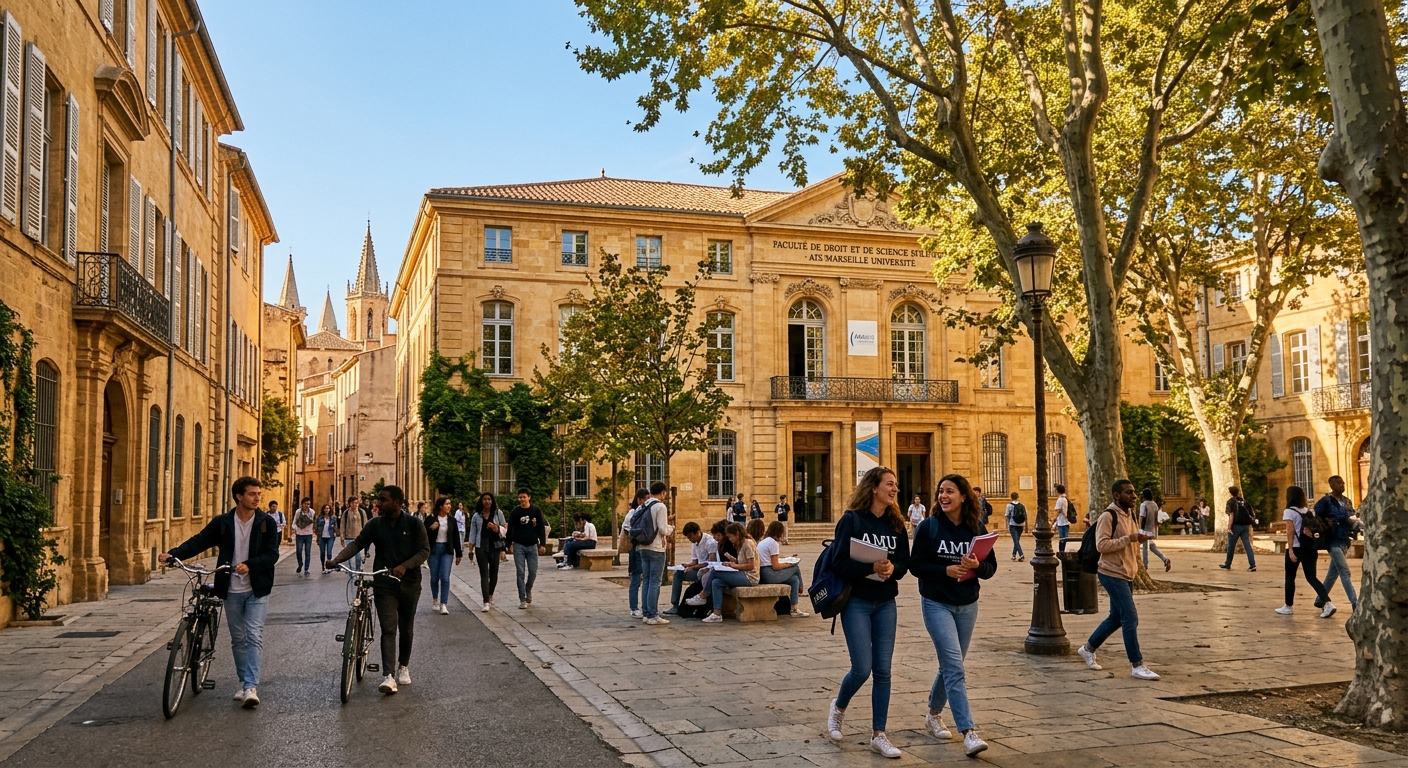 Aix-en-Provence campus of AMU with Provençal stone buildings, tree-lined courtyard, students walking between historic faculty buildings, warm golden light