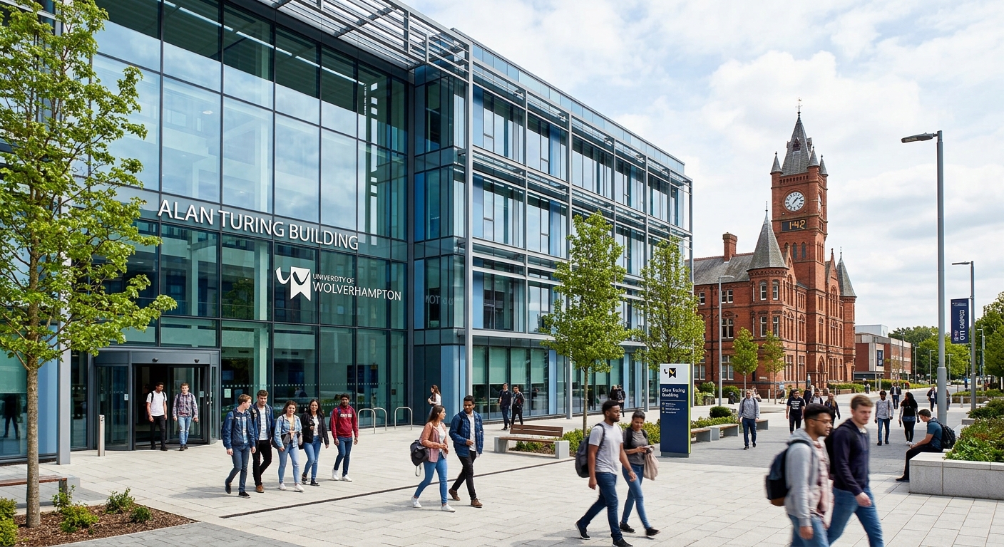 University of Wolverhampton City Campus, modern Alan Turing Building with glass frontage, students walking through the main plaza, red brick historic Wulfruna Building in background