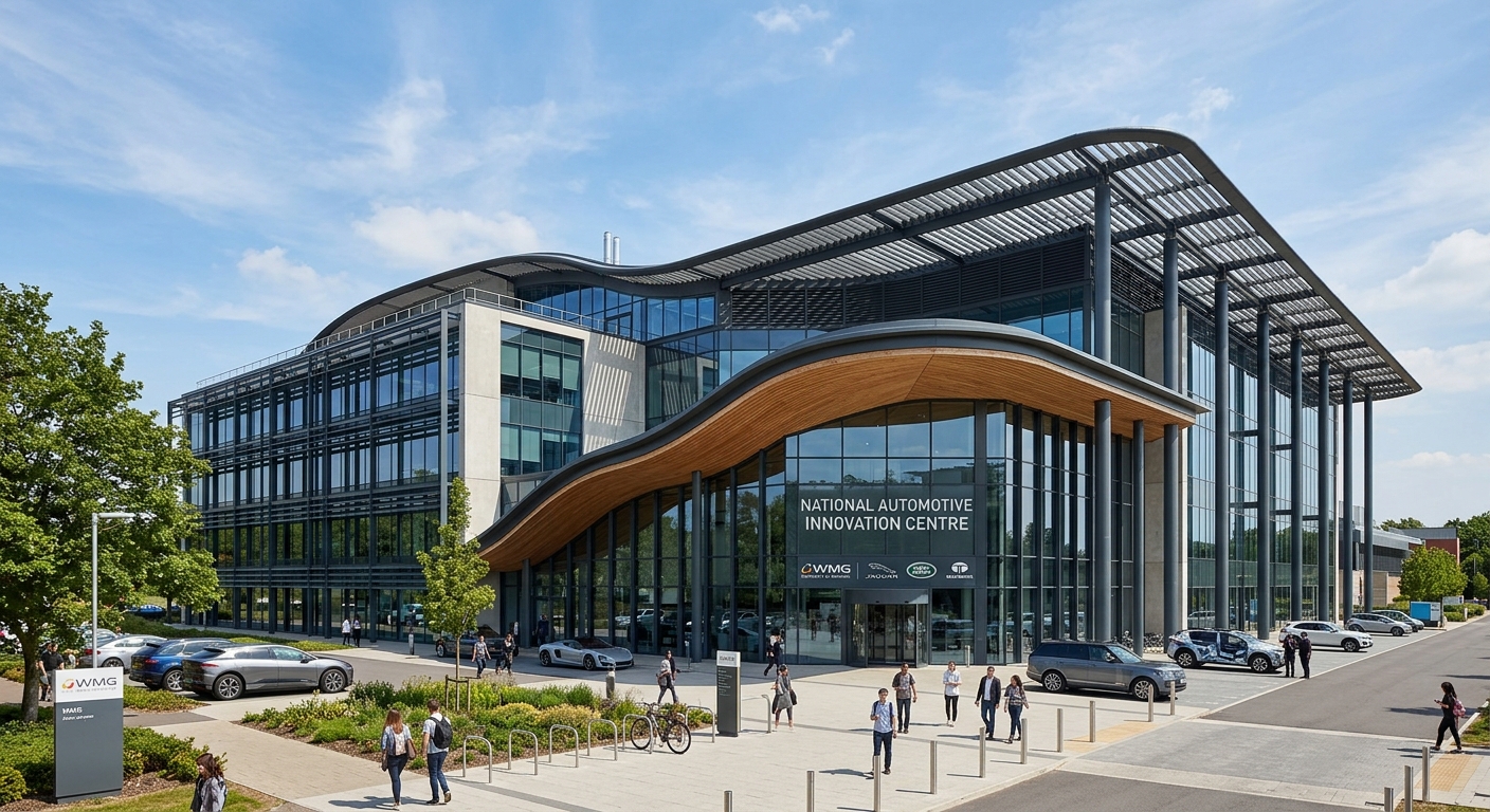 National Automotive Innovation Centre (NAIC) building at WMG Warwick, modern glass and steel architecture, Europe's largest automotive research facility, sunny day