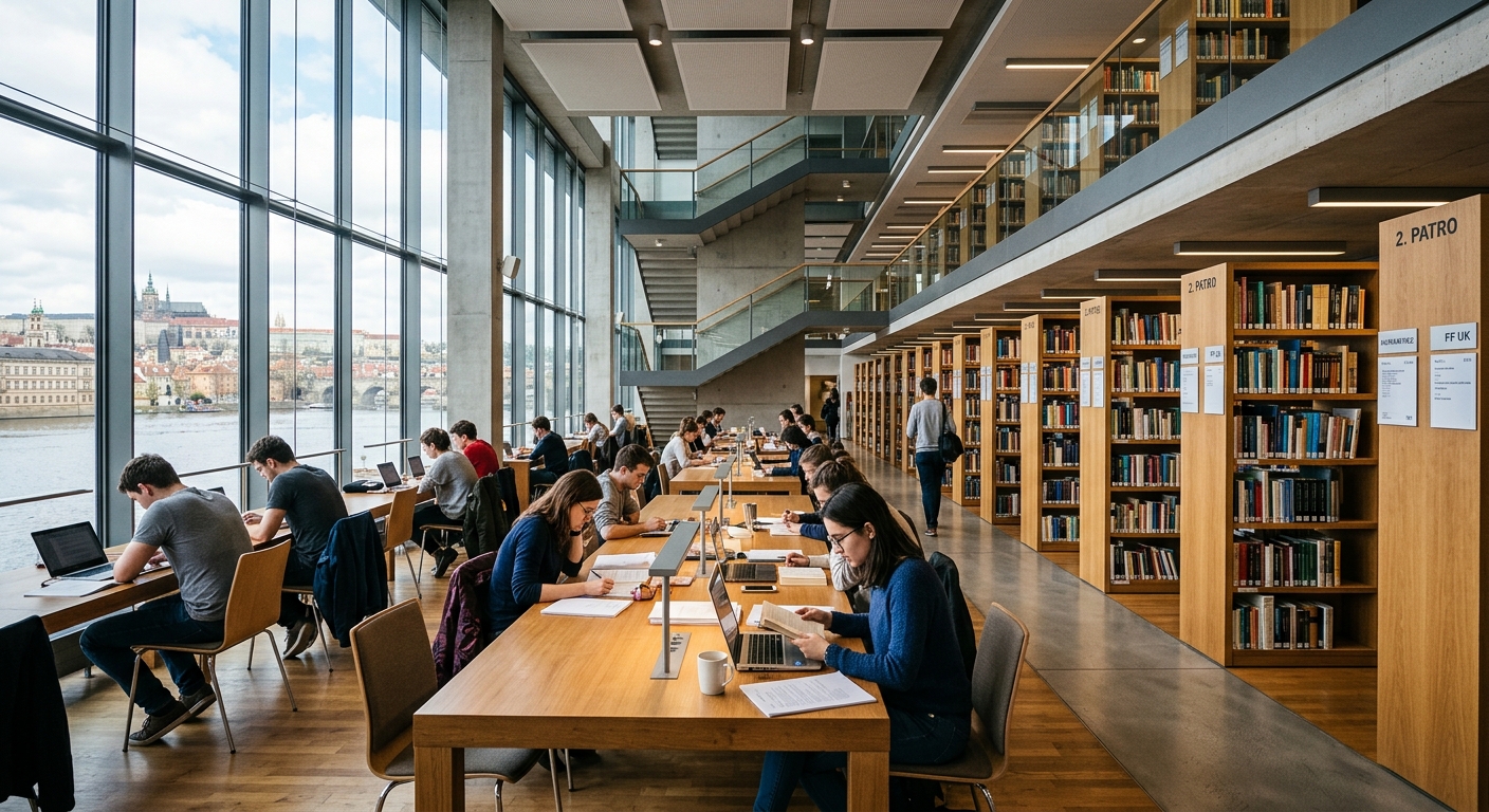 Modern Charles University library interior with rows of bookshelves, students studying at wooden desks, large windows with natural light, contemporary design elements