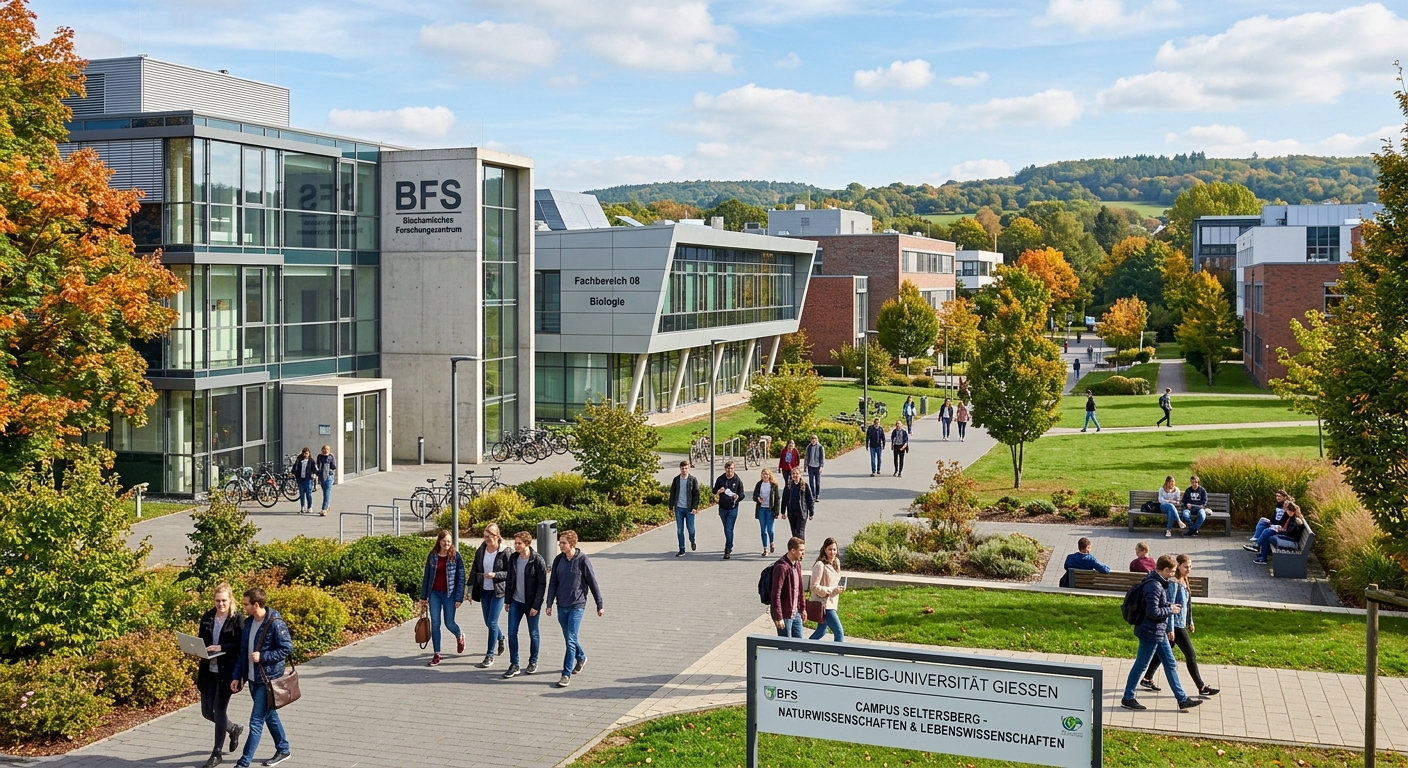 Seltersberg campus area of JLU Giessen with modern natural and life science faculty buildings, students walking between buildings, green spaces