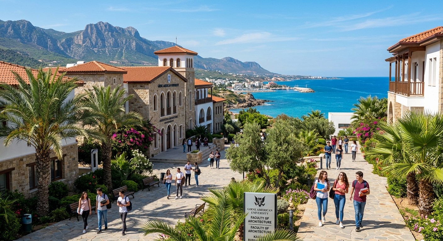 Modern university campus in Kyrenia, Northern Cyprus, with Mediterranean architecture, palm trees, students walking between academic buildings, clear blue sky and coastal scenery in the background