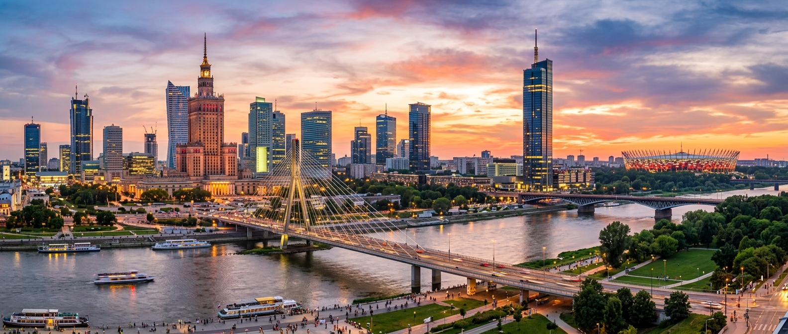 Panoramic view of Warsaw skyline with Palace of Culture and Science, modern skyscrapers, Vistula River, green parks, sunset golden hour lighting, bustling European capital city