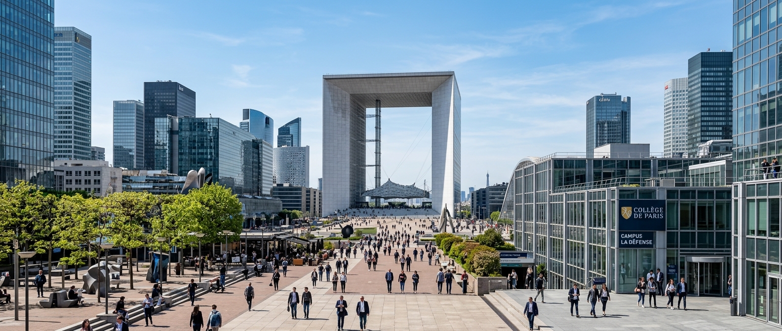 Panoramic view of La Grande Arche de la Défense in Paris with modern glass skyscrapers, Collège de Paris campus area, clear blue sky, bustling urban business district