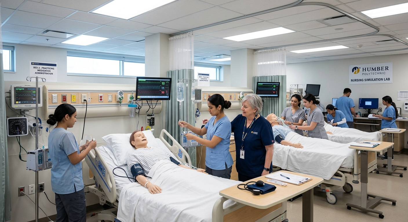 Modern nursing simulation laboratory at Humber Polytechnic in Toronto, students in scrubs practicing clinical skills on medical mannequins, bright overhead lighting, medical equipment and monitors visible, instructor supervising
