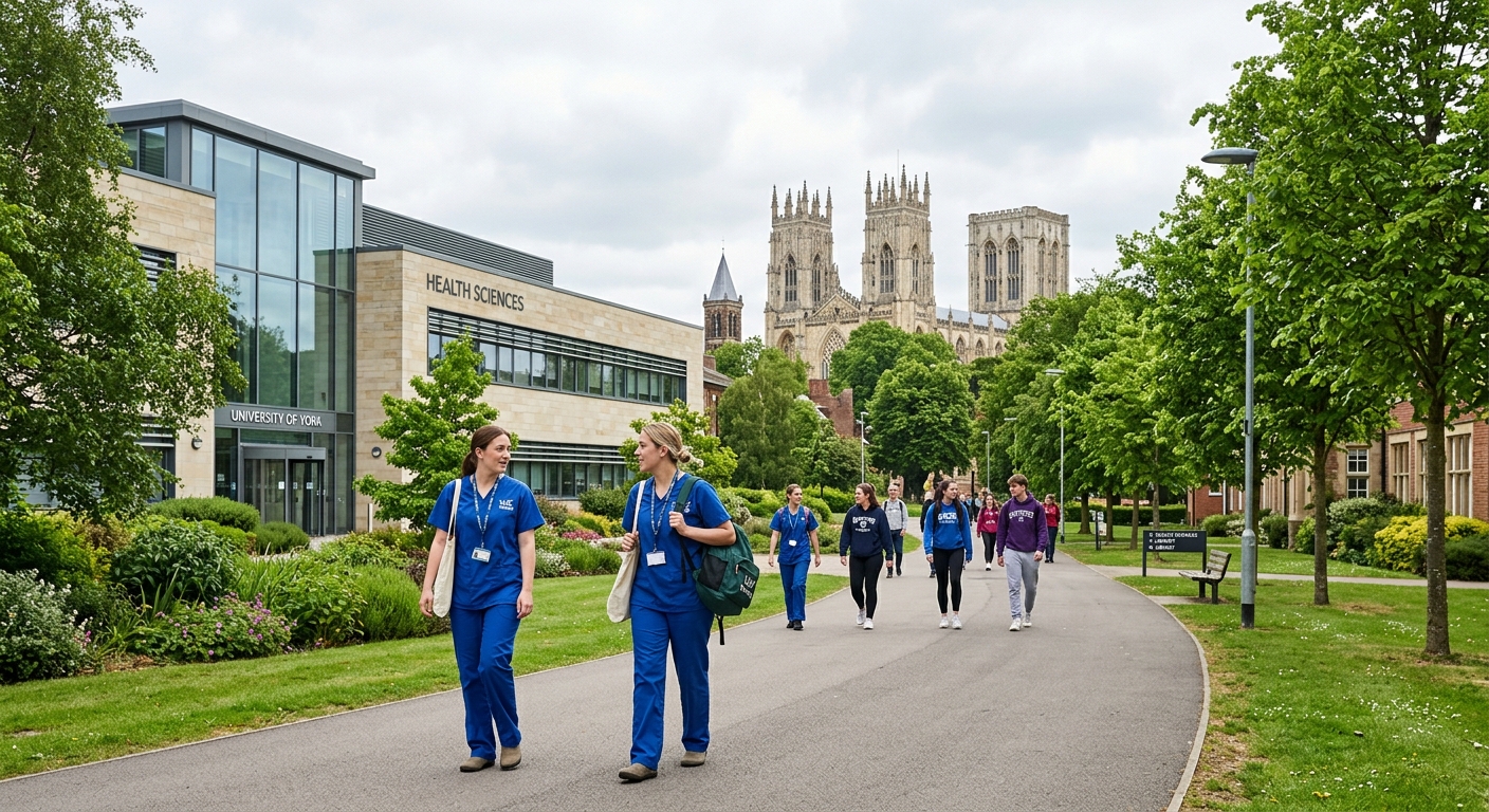 University of York campus with modern health sciences building, green landscaped grounds, students in nursing uniforms walking along tree-lined pathways, historic York Minster visible in the background, bright overcast English sky