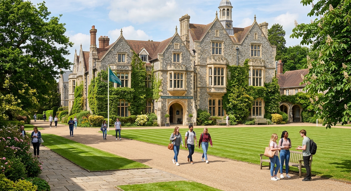 Bishop Otter Campus at University of Chichester, historic neo-Tudor stone buildings with ivy, manicured green lawns, students walking along tree-lined paths, sunny day