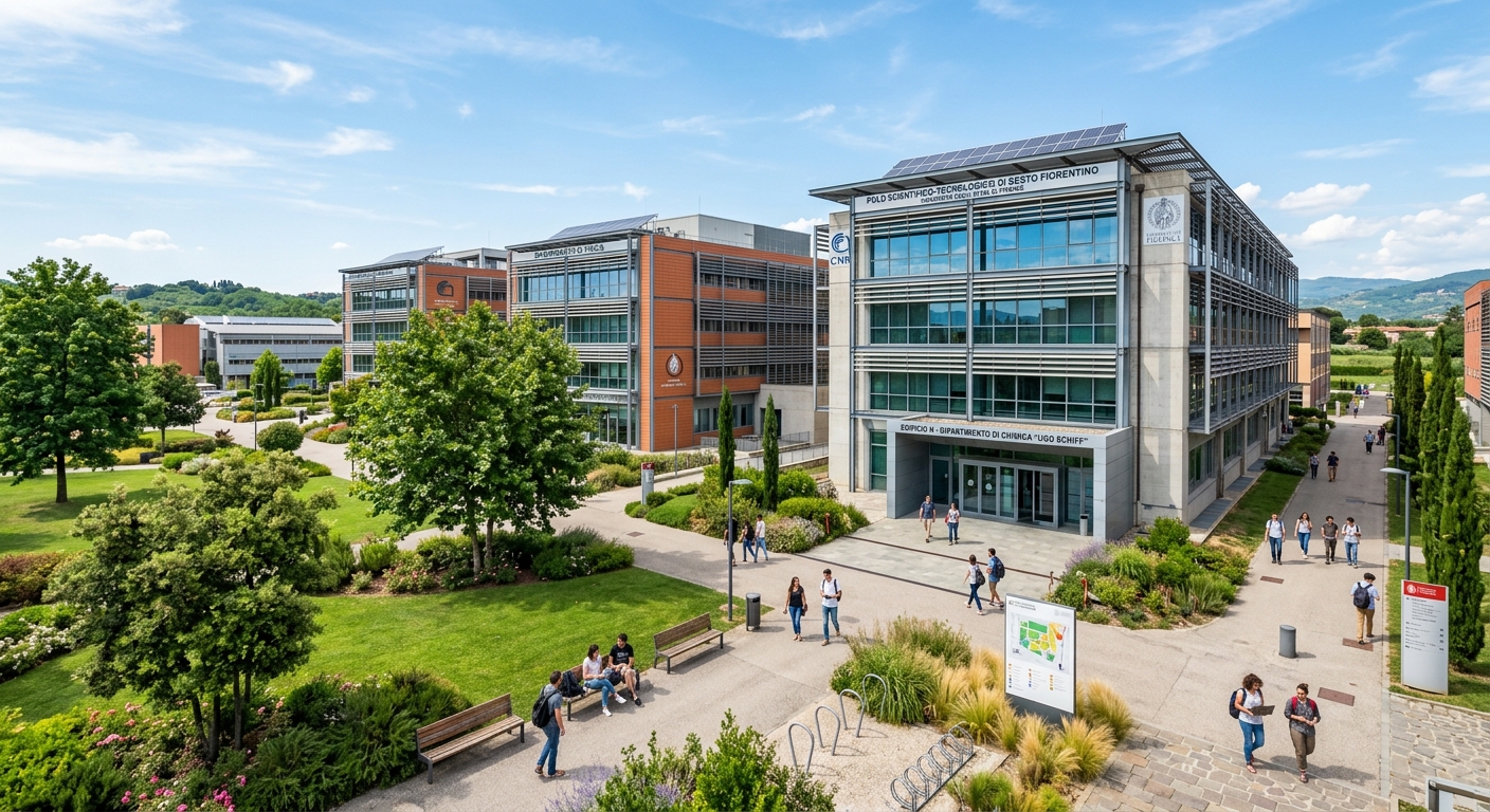 Modern scientific research laboratories and campus buildings at the Sesto Fiorentino scientific campus, green landscaped areas, contemporary architecture, bright daylight