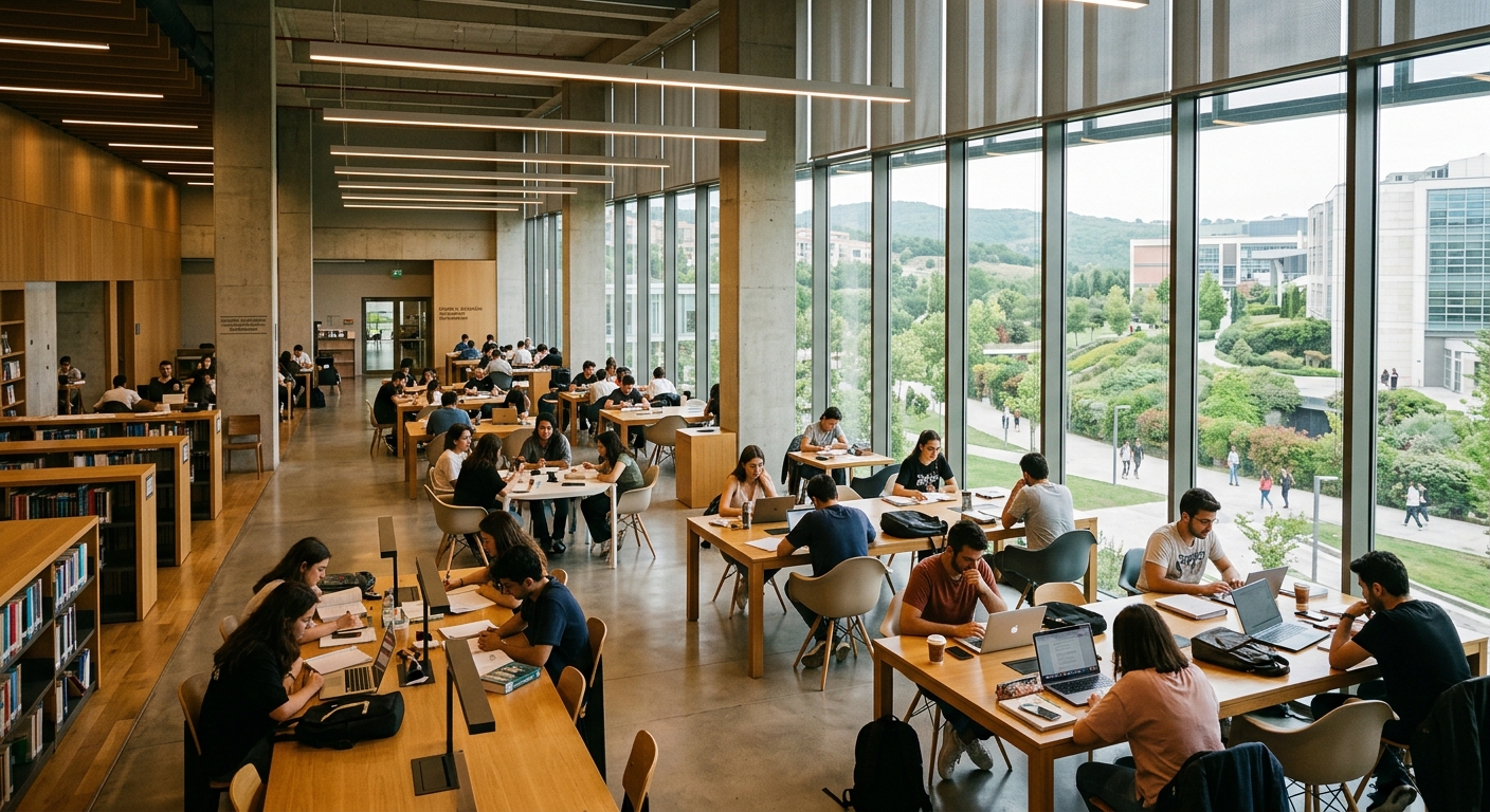 Özyeğin University modern library interior with floor-to-ceiling windows overlooking green campus, students studying at contemporary desks, warm ambient lighting