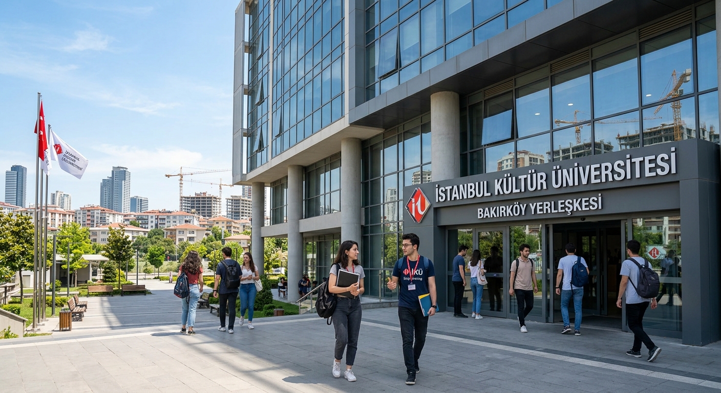 Modern Istanbul Kültür University Bakırköy campus building with glass facade, engineering students walking near the entrance, construction cranes visible in the Istanbul skyline background, sunny day