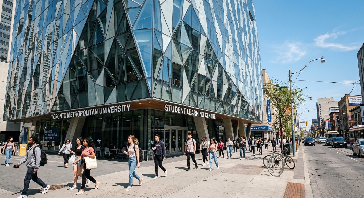Student Learning Centre at Toronto Metropolitan University, modern glass and steel building with angular geometric facade, students walking on Yonge Street sidewalk, bright daylight