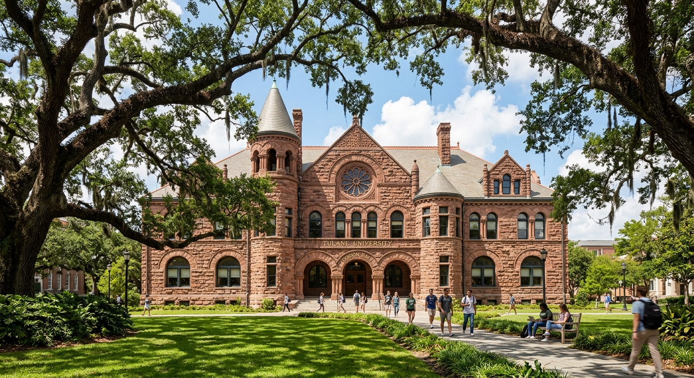 Gibson Hall at Tulane University, a grand Romanesque Revival stone building with arched windows, framed by ancient live oak trees on a sunny day