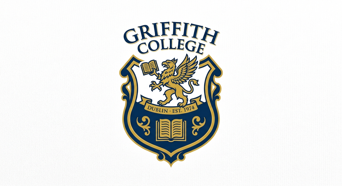 Griffith College official logo, shield-style emblem with the name Griffith College in dark blue and gold lettering on a white background