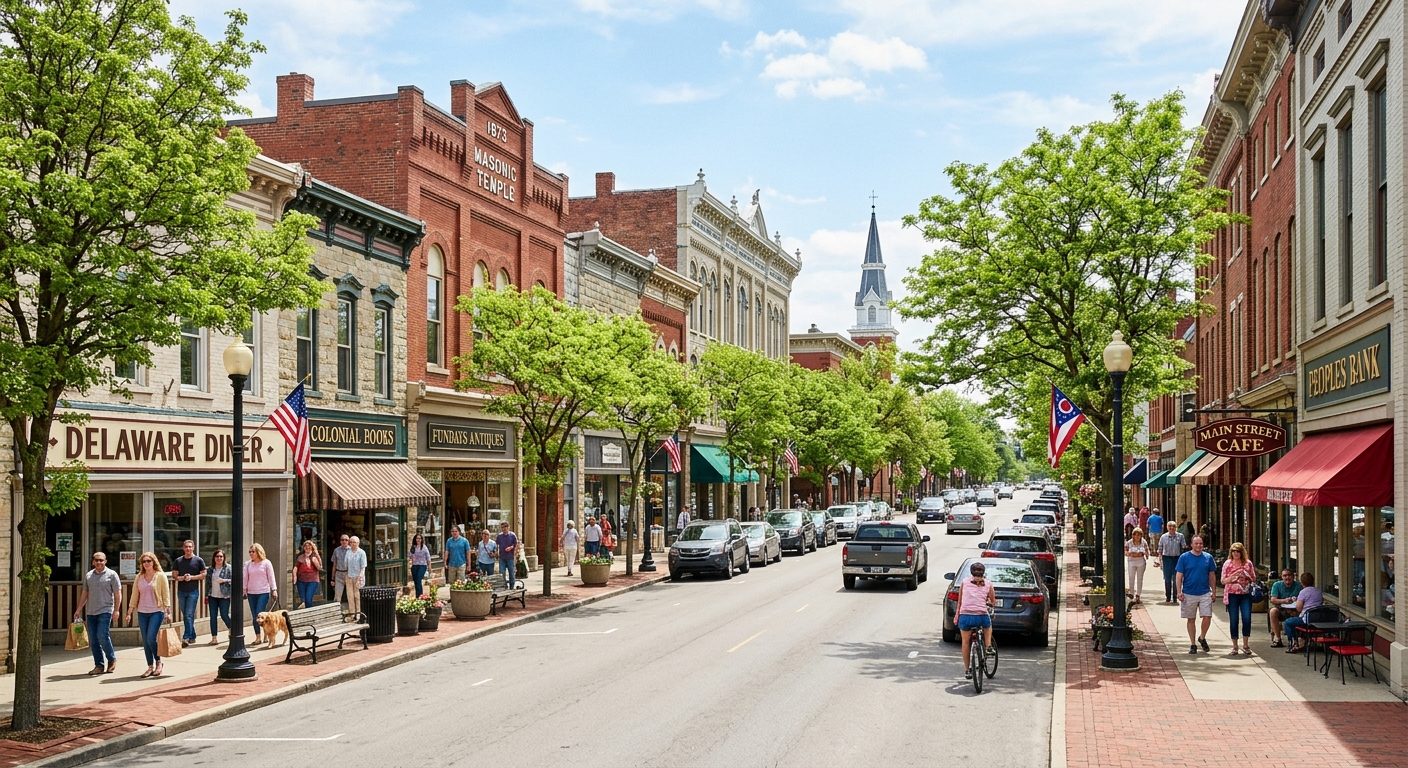 Downtown Delaware Ohio street scene with historic storefronts, tree-lined sidewalks, small-town charm, sunny day with pedestrians walking