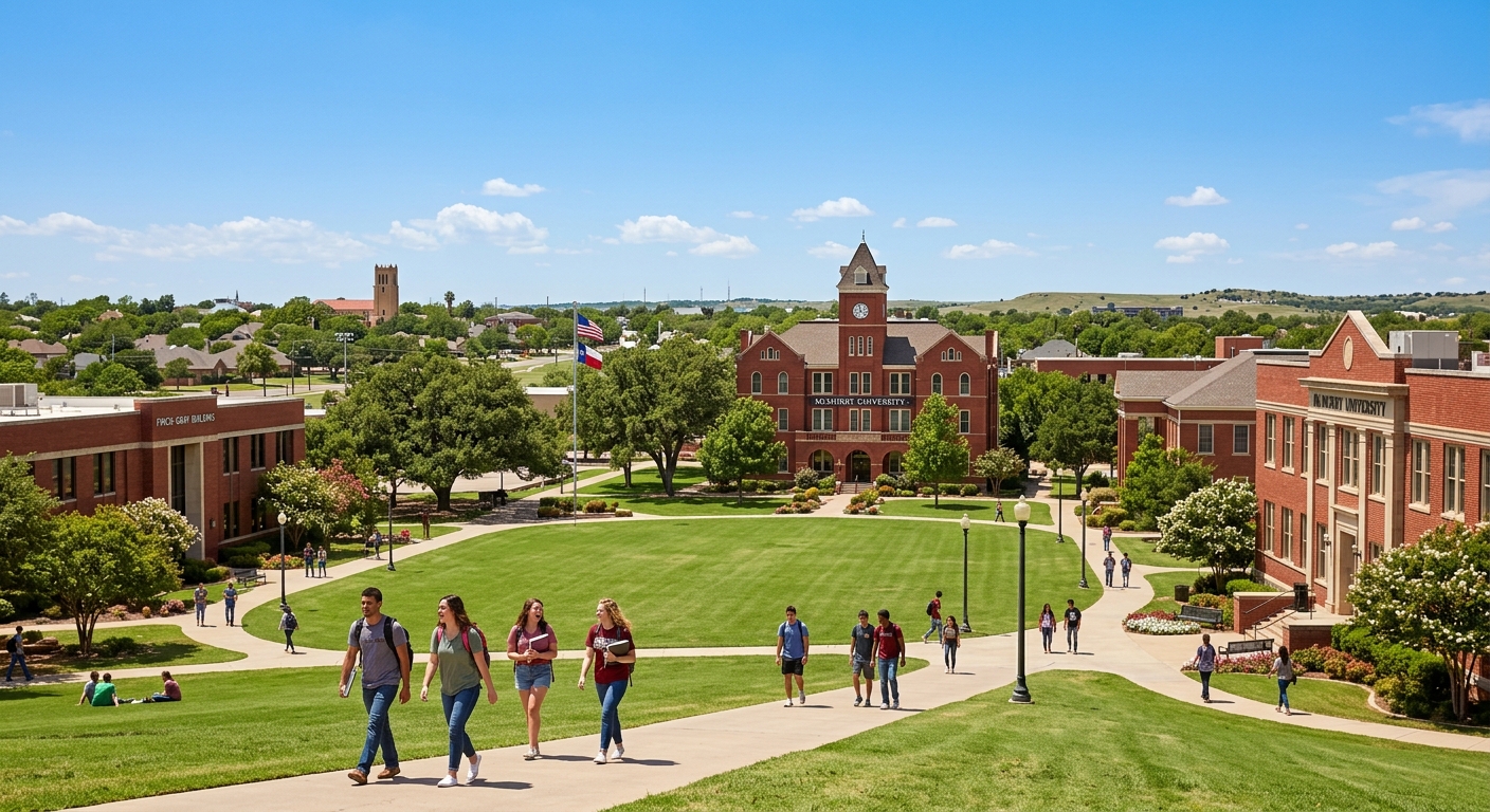 McMurry University campus in Abilene Texas with red brick buildings, green lawns, students walking on pathways, and a clear blue sky over the suburban landscape