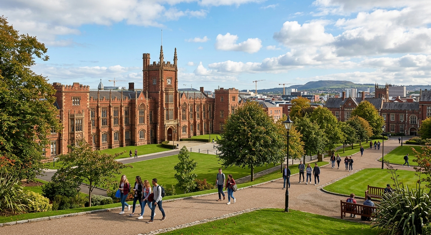 Queen's University Belfast historic red-brick Lanyon Building with manicured lawns, students walking along tree-lined paths, blue sky with scattered clouds, Belfast cityscape in background