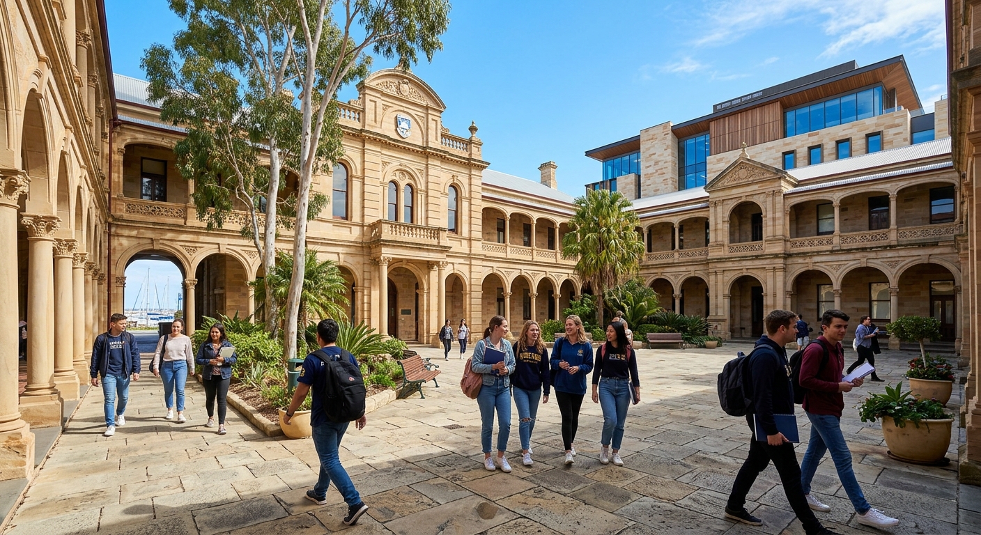 Historic sandstone university buildings in Fremantle Western Australia with students walking through a sunlit courtyard, heritage architecture blending with modern academic facilities, blue sky and coastal atmosphere