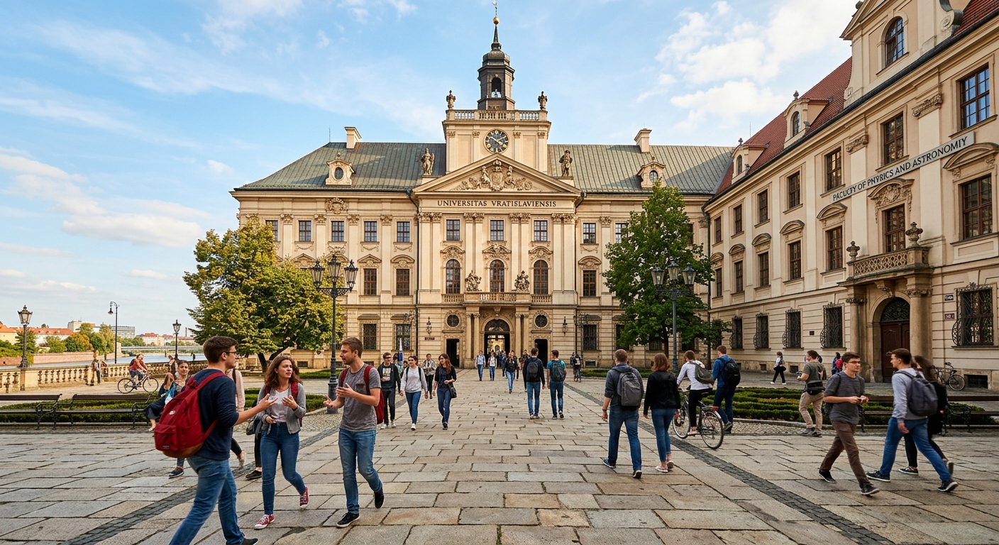 Historic University of Wroclaw main building with baroque architecture, Faculty of Physics and Astronomy campus, students walking across a sunlit courtyard in Wroclaw Poland, European academic setting with classical stone facades
