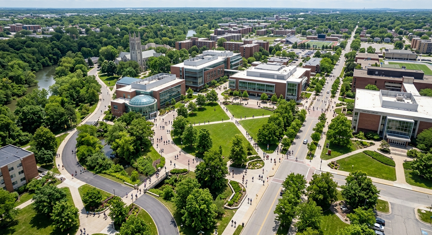 Aerial view of the University of Toledo campus in Ohio showing modern academic buildings, green lawns, tree-lined walkways, and students walking between classes on a sunny day