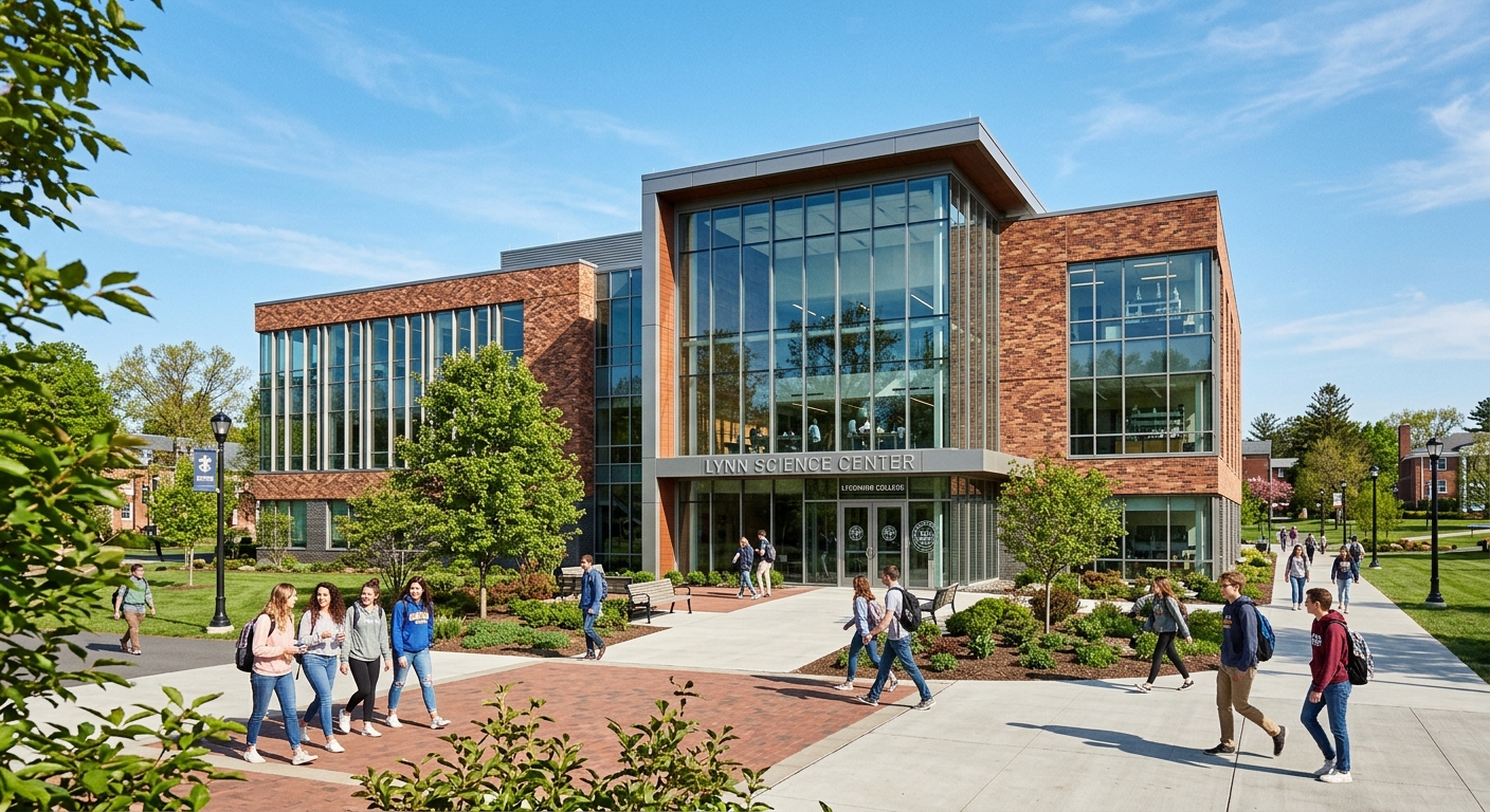 Lynn Science Center at Lycoming College, modern glass and brick building with atrium entrance, students walking on pathways, clear blue sky