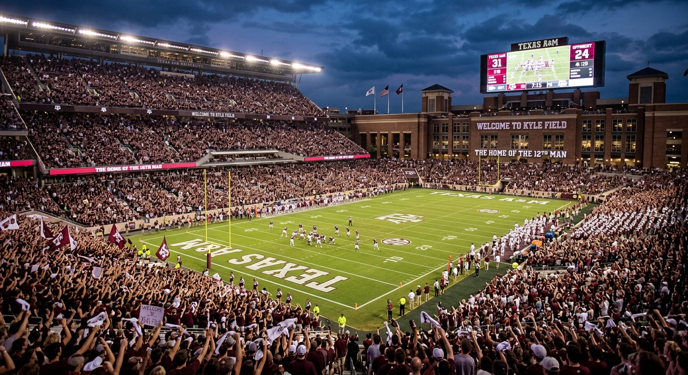 Kyle Field stadium at Texas A&M University during a home football game, packed with fans in maroon, dramatic evening lighting with the scoreboard glowing