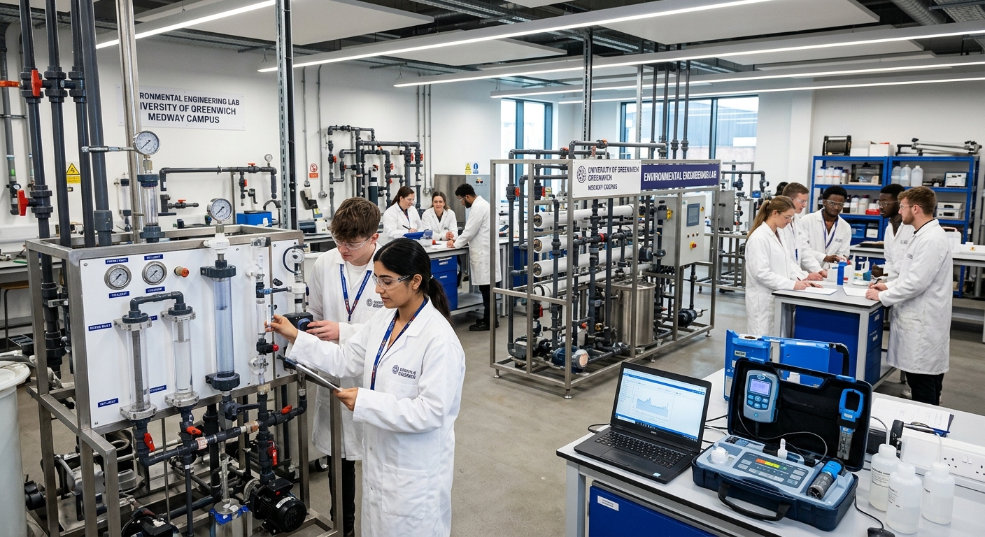 Modern engineering laboratory at University of Greenwich Medway Campus in Kent, students working with water treatment equipment and environmental monitoring instruments, industrial pipes and testing stations visible, bright overhead lighting