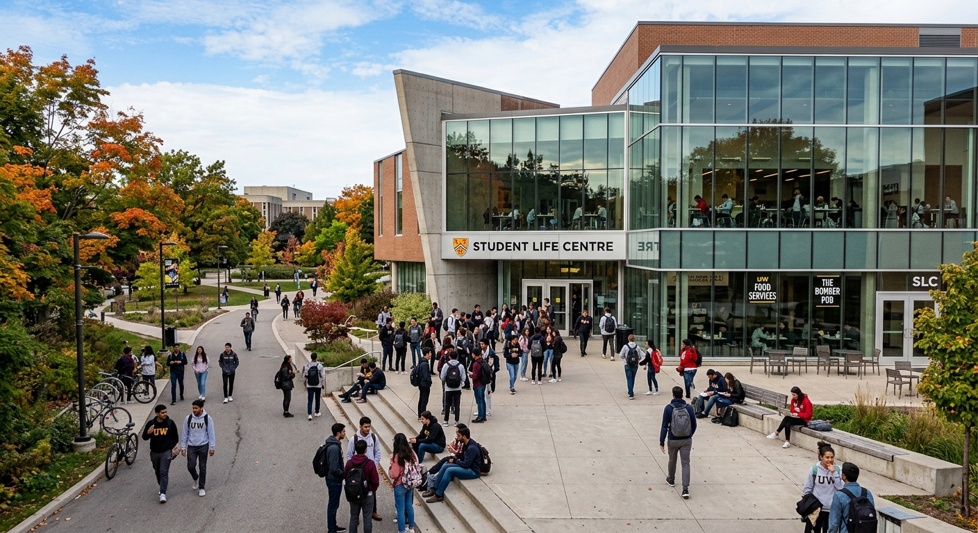 University of Waterloo Student Life Centre, modern building with large glass windows, students gathered outside, campus walkways and trees visible