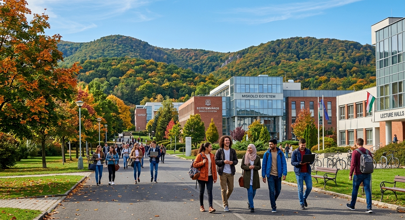 University of Miskolc campus surrounded by lush green Bükk Mountains in Hungary, modern lecture buildings with international students walking along tree-lined pathways, bright autumn day with clear sky