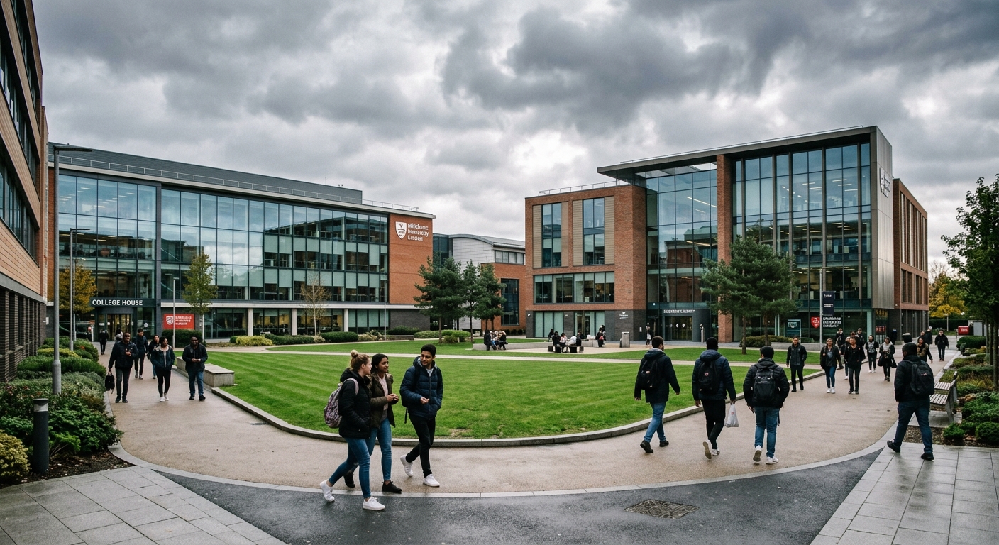 Middlesex University London campus with modern academic buildings, green courtyard, students walking between lecture halls, overcast London sky, research library visible in background