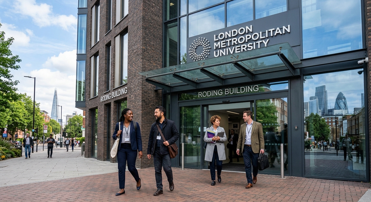 Modern London Metropolitan University campus building in Holloway, North London, with professional doctoral students walking through the entrance, city skyline in the background, contemporary glass and brick architecture