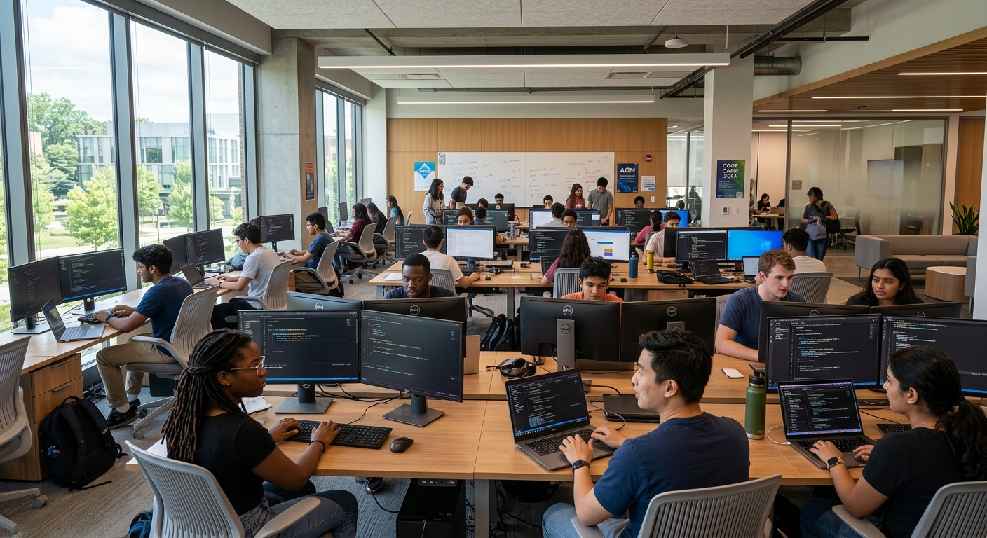 Modern university computing lab with diverse students working on laptops and dual monitors, code visible on screens, bright contemporary interior with natural lighting and collaborative workspace areas