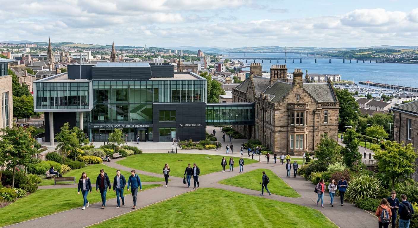 University of Dundee campus with modern engineering building, Scottish cityscape with the River Tay in the background, students walking across green courtyard, contemporary architecture blending with traditional stone buildings