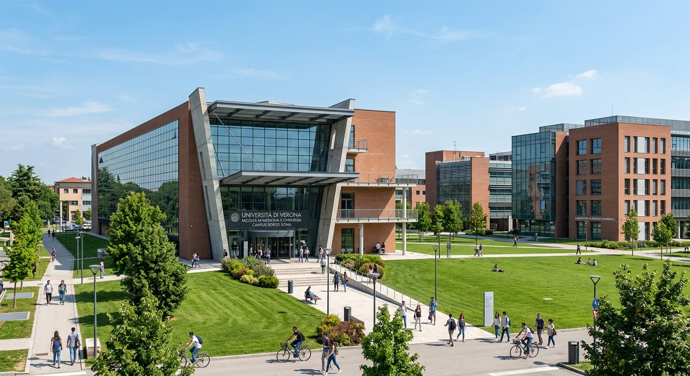Borgo Roma campus modern university buildings with science laboratories, green lawns, medical faculty entrance, contemporary Italian architecture