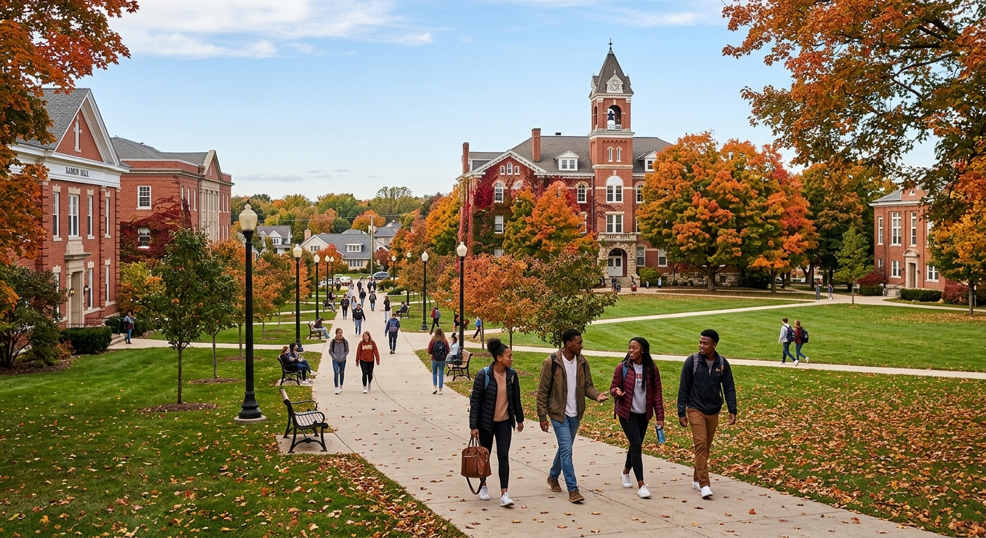 Historic Carroll University campus in Waukesha Wisconsin with red brick academic buildings, tree-lined walkways, students walking with backpacks, green lawns, autumn foliage, suburban setting near Milwaukee