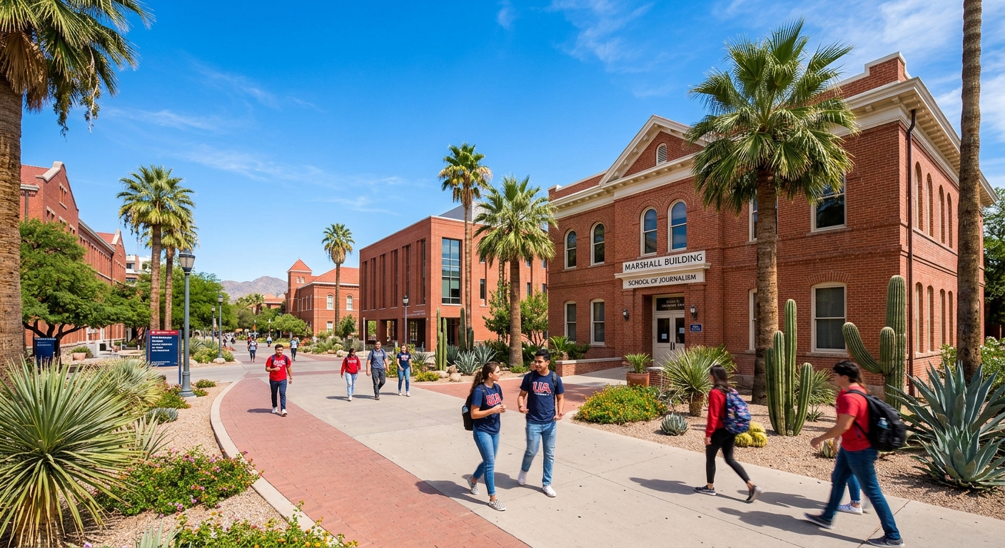 University of Arizona campus in Tucson with red brick buildings, palm trees, and desert landscape under a clear blue sky, students walking along pathways near the Marshall Building housing the School of Journalism