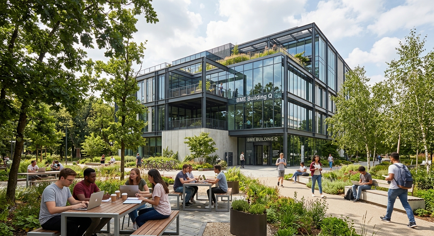 Modern BME Building Q in Info Park, contemporary glass and steel architecture, students studying in open spaces, green landscaping