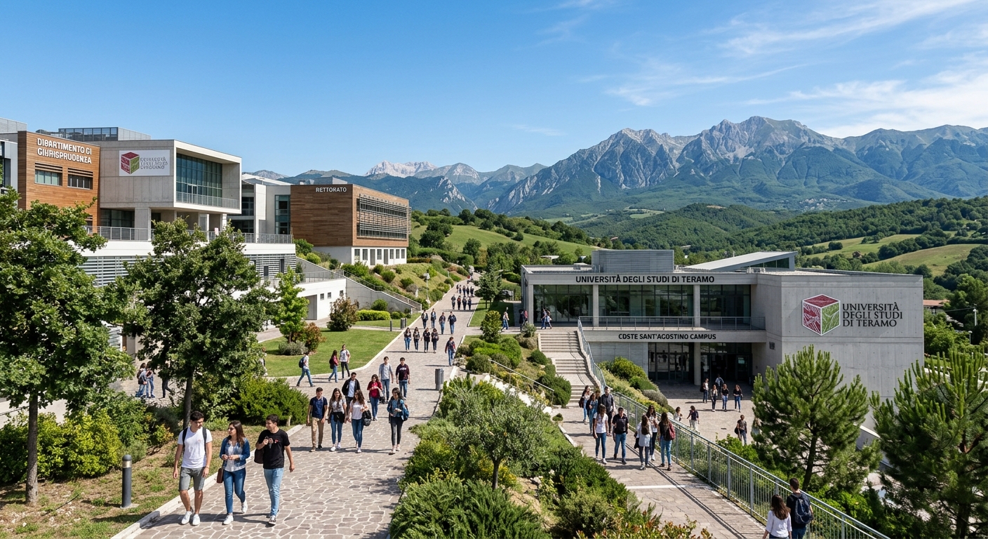 Modern university campus at Coste Sant'Agostino in Teramo, Italy, with contemporary academic buildings surrounded by green hills, students walking along pathways, Abruzzo mountains visible in the background under a clear blue sky