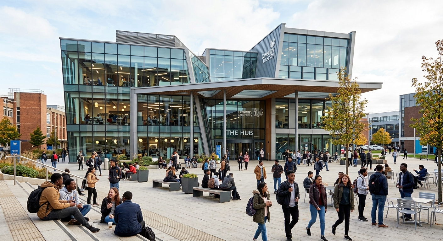 The Hub building at Coventry University, a contemporary glass-fronted student centre with modern architecture, students gathering in the open plaza area