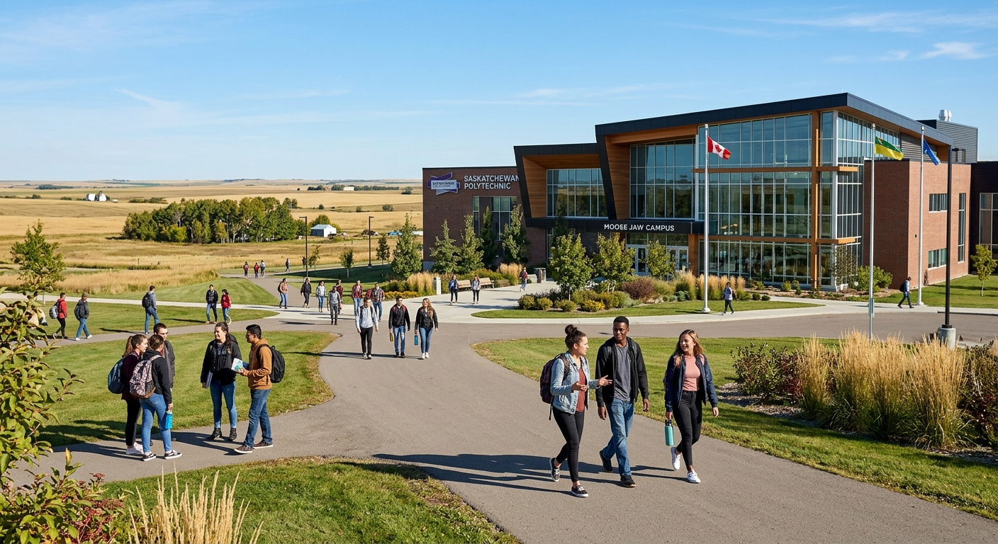 Saskatchewan Polytechnic Moose Jaw campus building exterior with modern architecture, Canadian prairie landscape, students walking on campus pathways with clear blue sky