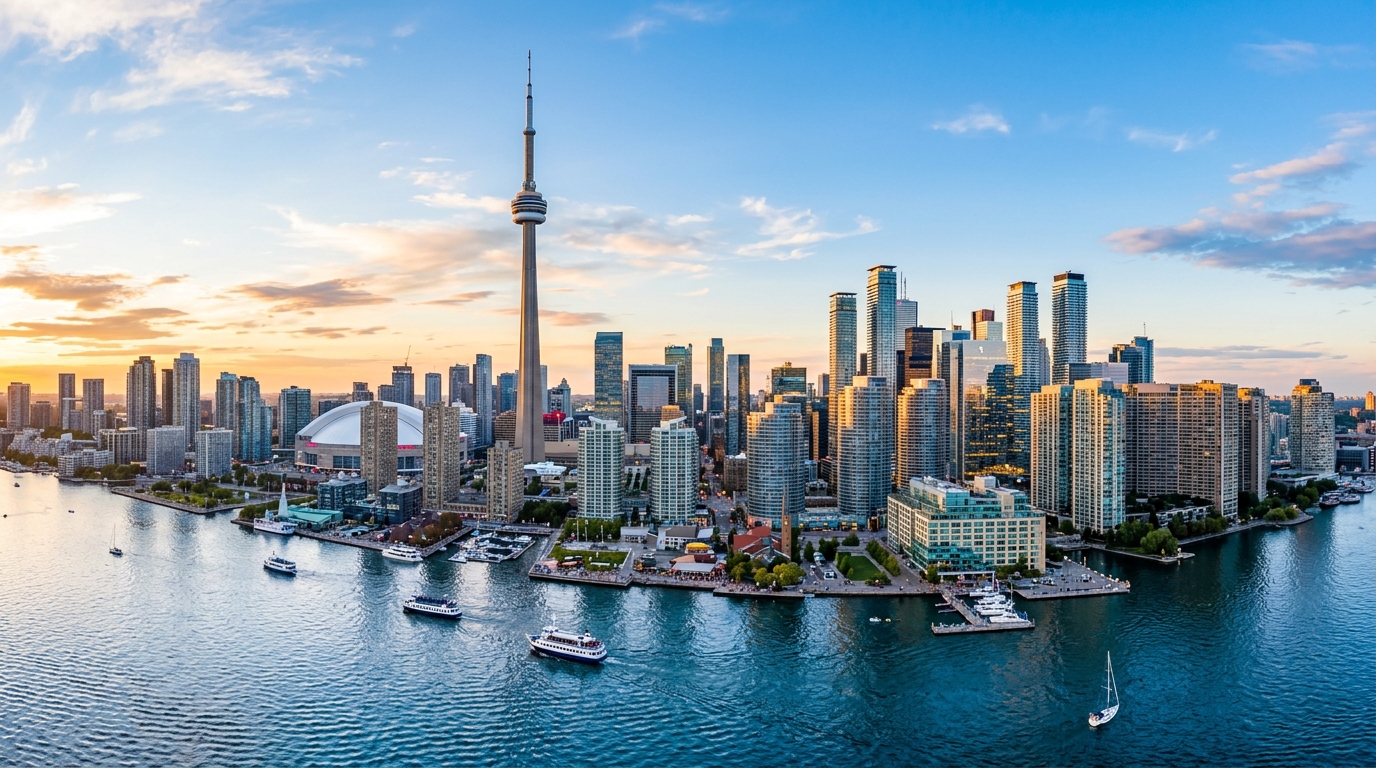 Toronto skyline panorama with CN Tower, Lake Ontario waterfront, modern skyscrapers and glass towers, vibrant urban landscape at golden hour with blue sky